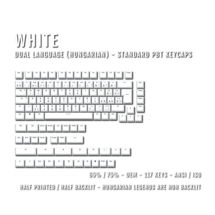 White PBT Hungarian Keycaps - ISO-HU - 65/75% Sizes - Dual Language Keycaps - kromekeycaps