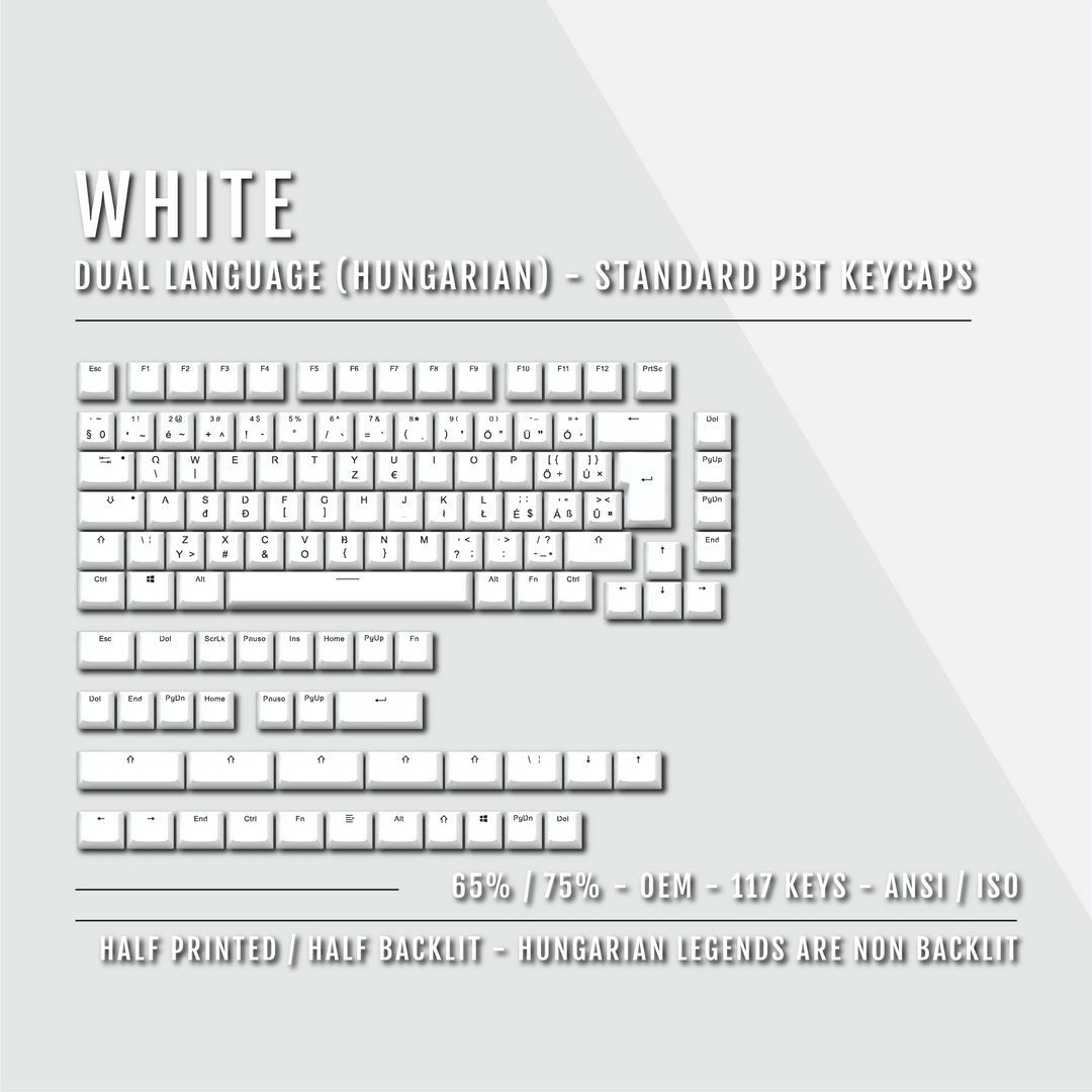 White PBT Hungarian Keycaps - ISO-HU - 65/75% Sizes - Dual Language Keycaps - kromekeycaps