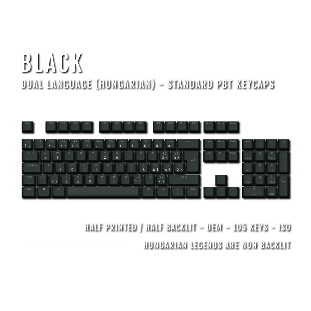 Black PBT Hungarian Keycaps - ISO-HU - 100% Size - Dual Language Keycaps - kromekeycaps