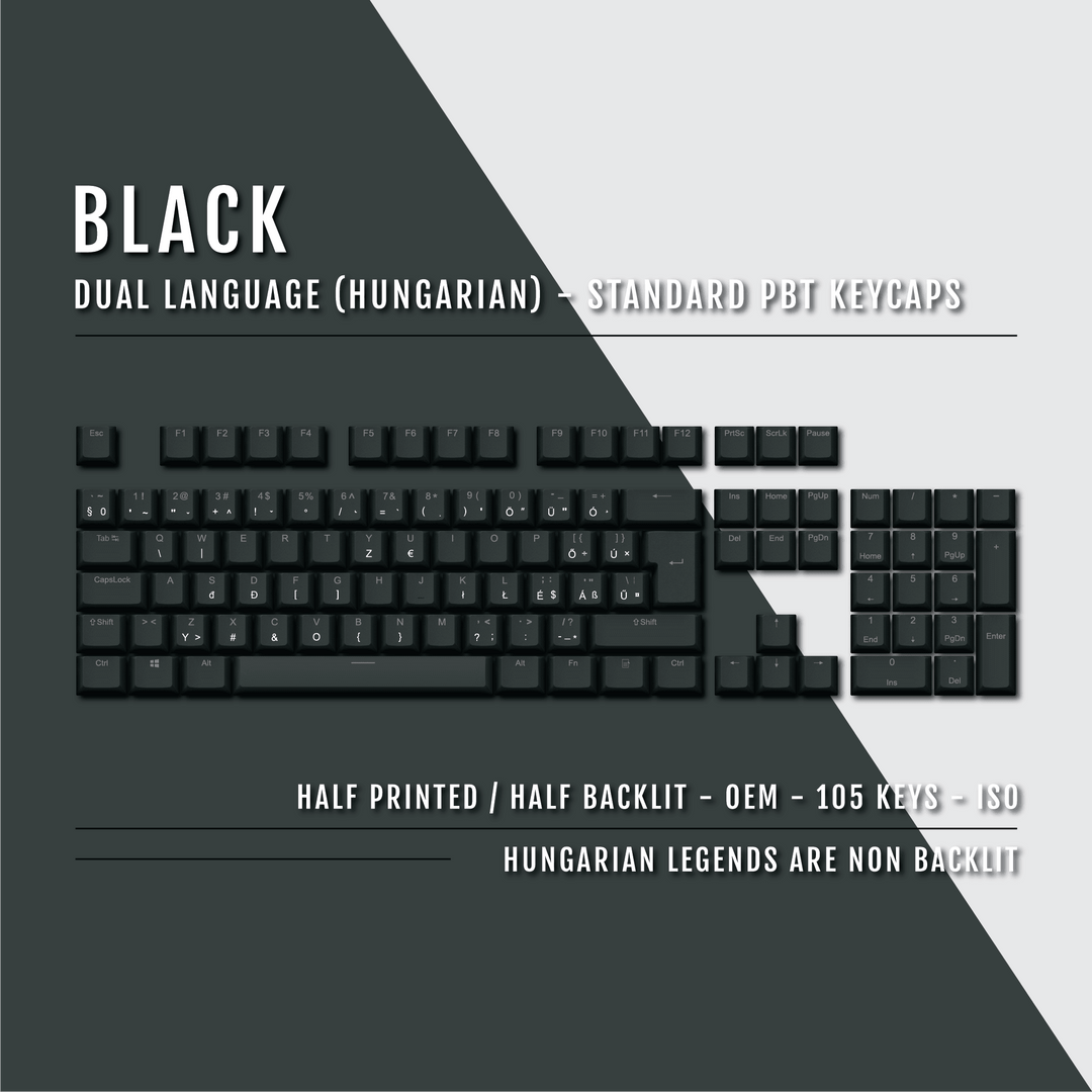 Black PBT Hungarian Keycaps - ISO-HU - 100% Size - Dual Language Keycaps - kromekeycaps