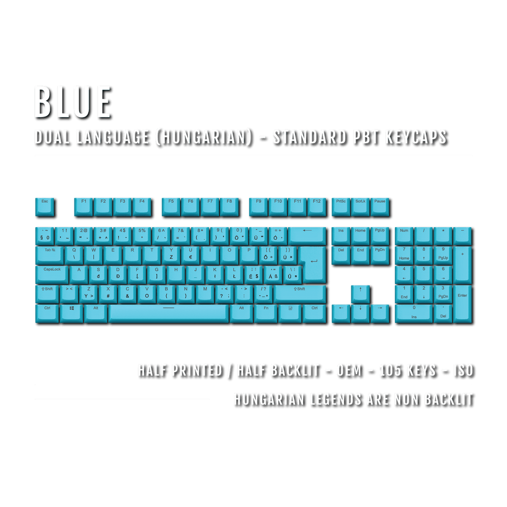 Blue PBT Hungarian Keycaps - ISO-HU - 100% Size - Dual Language Keycaps - kromekeycaps