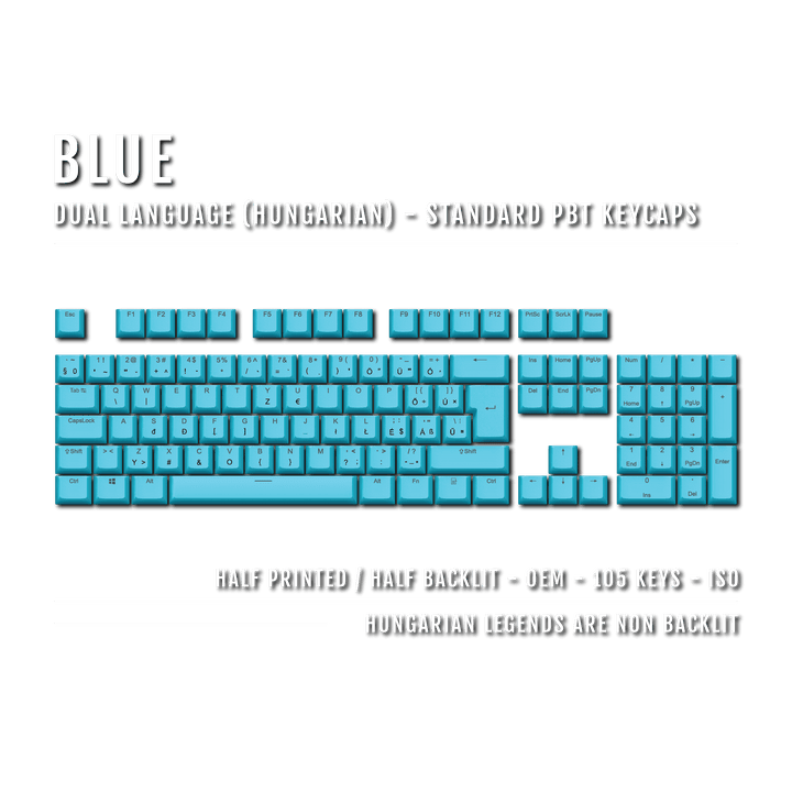 Blue PBT Hungarian Keycaps - ISO-HU - 100% Size - Dual Language Keycaps - kromekeycaps