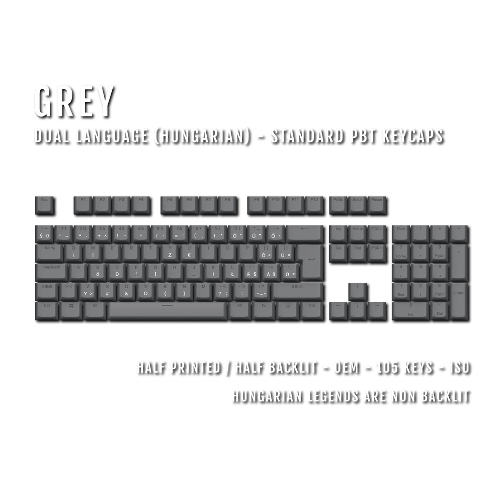 Grey PBT Hungarian Keycaps - ISO-HU - 100% Size - Dual Language Keycaps - kromekeycaps