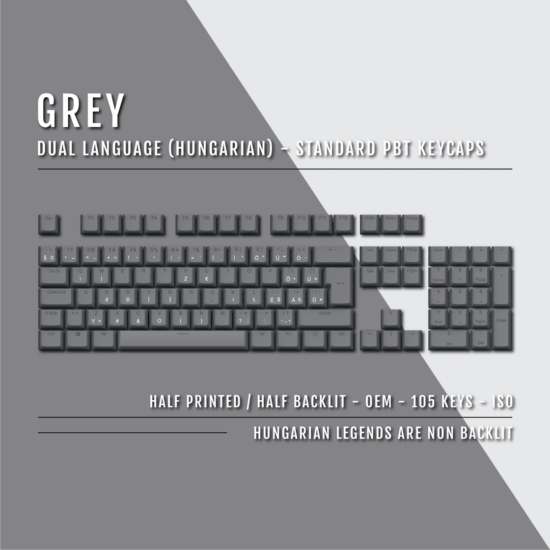 Grey PBT Hungarian Keycaps - ISO-HU - 100% Size - Dual Language Keycaps - kromekeycaps