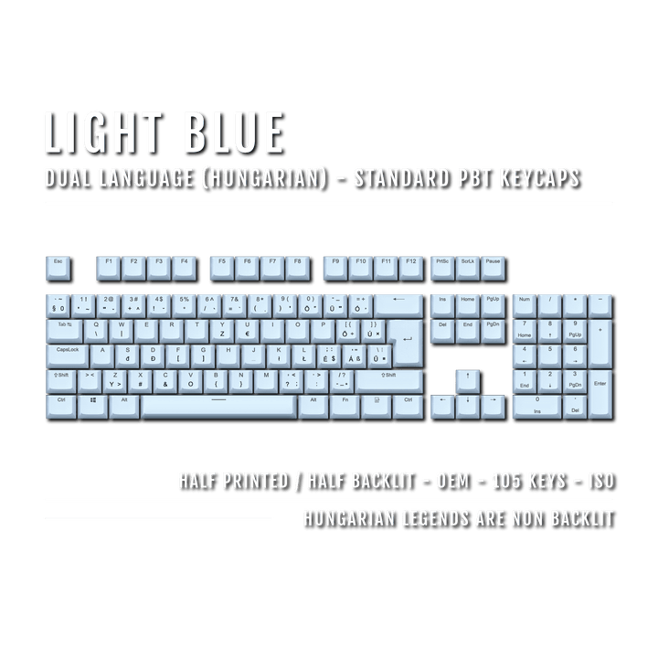 Light Blue PBT Hungarian Keycaps - ISO-HU - 100% Size - Dual Language Keycaps - kromekeycaps