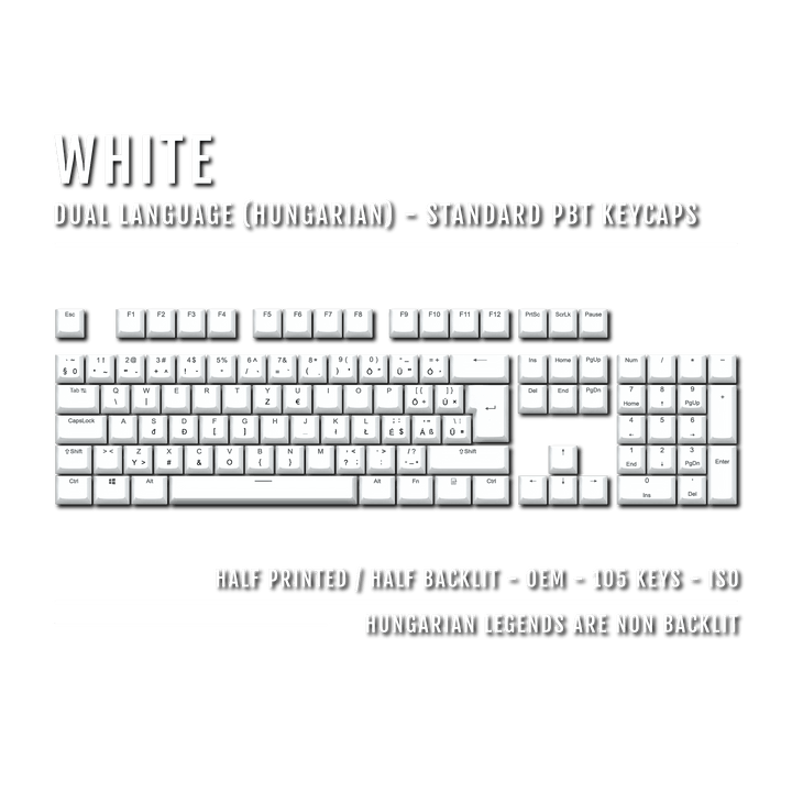 White Hungarian (ISO-HU) Dual Language PBT Keycaps Krome Keycaps LTD hungarian