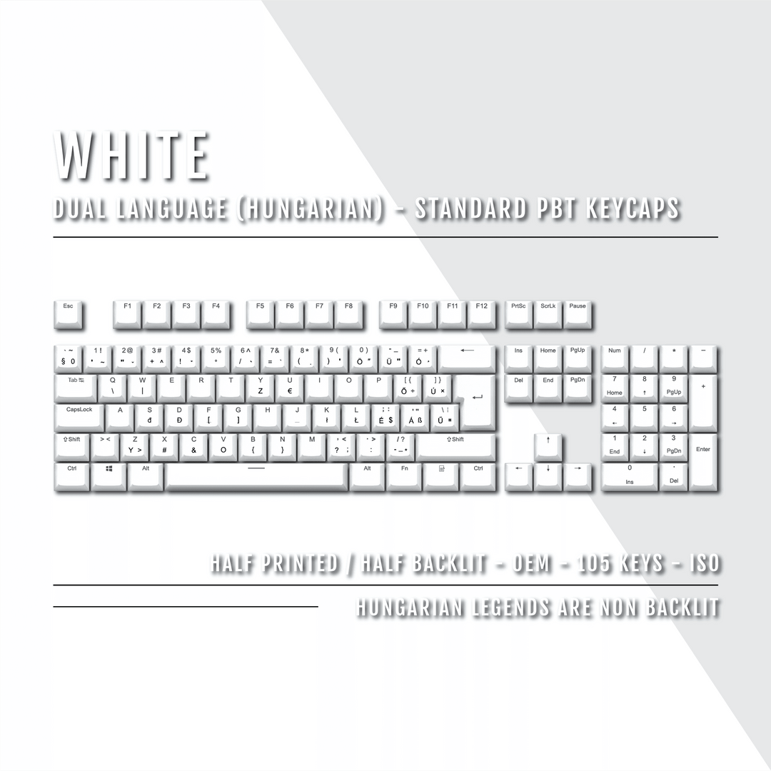 White PBT Hungarian Keycaps - ISO-HU - 100% Size - Dual Language Keycaps - kromekeycaps