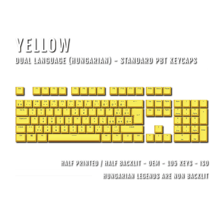 Yellow PBT Hungarian Keycaps - ISO-HU - 100% Size - Dual Language Keycaps - kromekeycaps