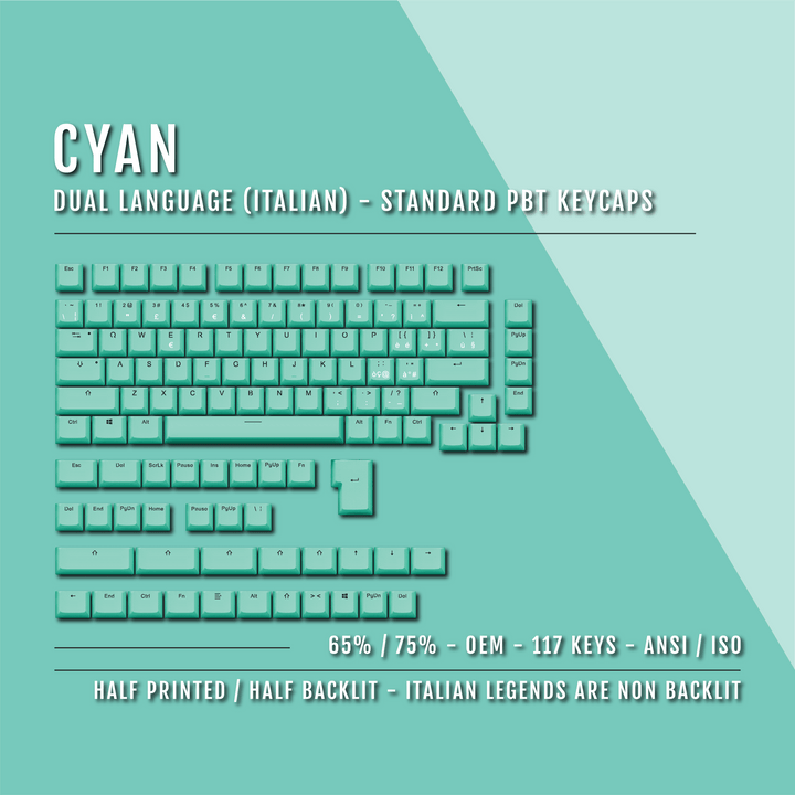 Cyan Italian (ISO-IT) Dual Language PBT Keycaps - 65/75% Krome Keycaps LTD italian