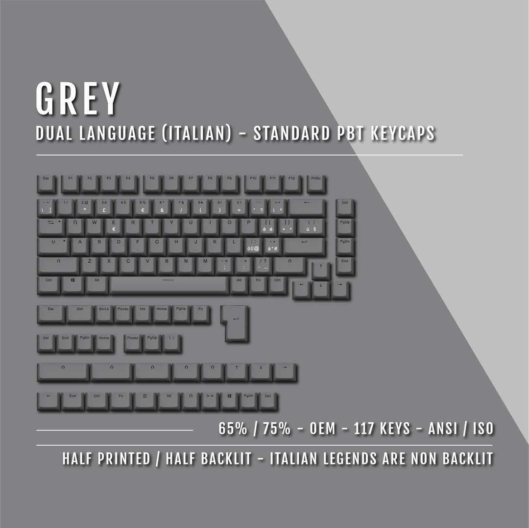 Grey Italian (ISO-IT) Dual Language PBT Keycaps - 65/75% Krome Keycaps LTD italian