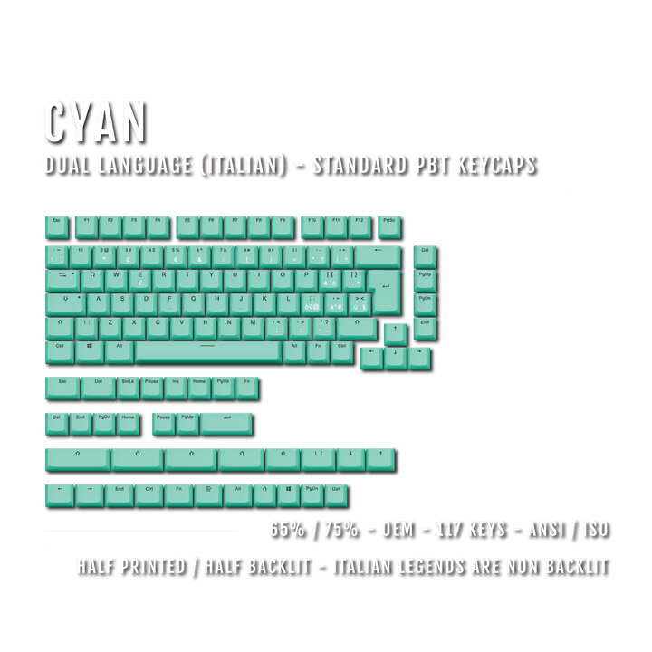 Cyan Italian (ISO-IT) Dual Language PBT Keycaps - 65/75% Krome Keycaps LTD italian