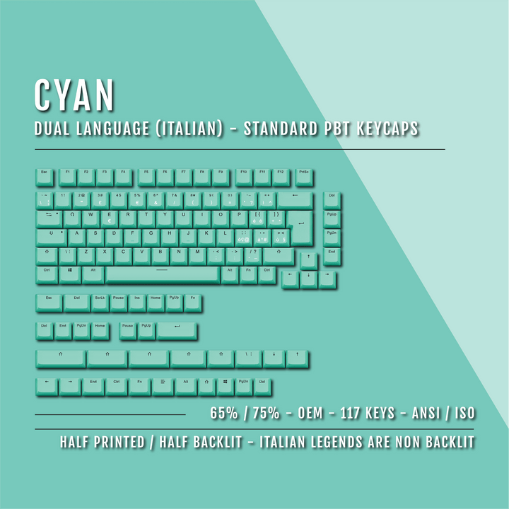 Cyan Italian (ISO-IT) Dual Language PBT Keycaps - 65/75% Krome Keycaps LTD italian