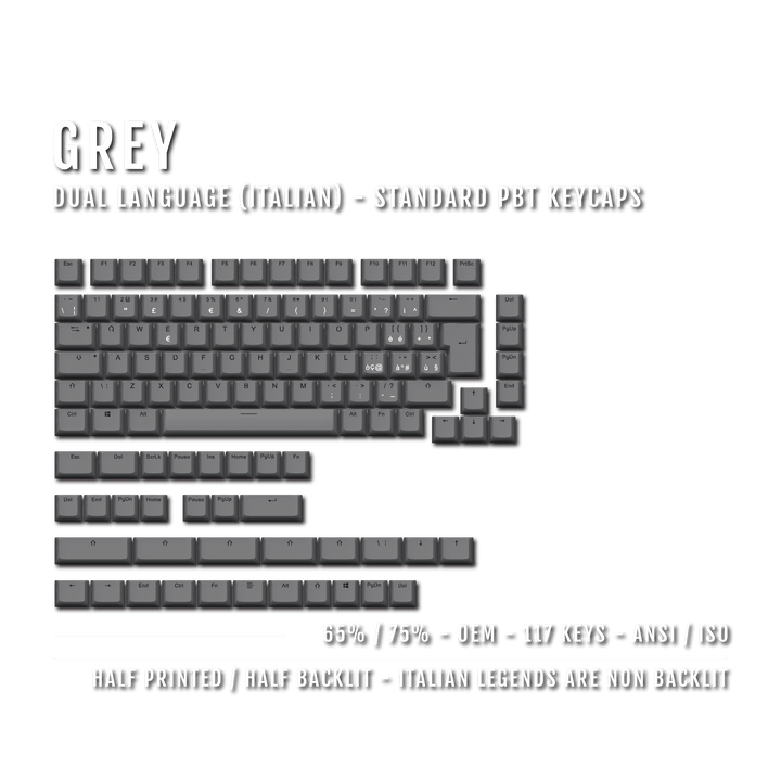 Grey Italian (ISO-IT) Dual Language PBT Keycaps - 65/75% Krome Keycaps LTD italian