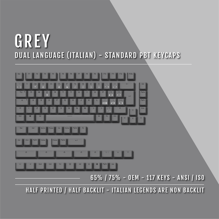 Grey Italian (ISO-IT) Dual Language PBT Keycaps - 65/75% Krome Keycaps LTD italian
