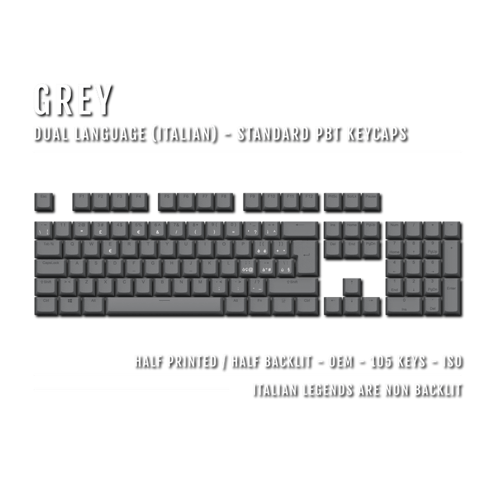 Grey PBT Italian Keycaps - ISO-IT - 100% Size - Dual Language Keycaps - kromekeycaps