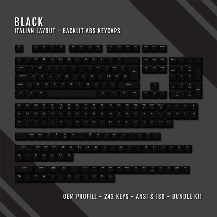 Black Italian (ISO-IT) Backlit ABS Keycaps for Windows & Mac Krome Keycaps LTD italian