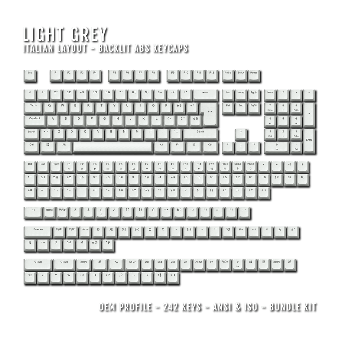 Light Grey Italian (ISO-IT) Backlit ABS Keycaps for Windows & Mac Krome Keycaps LTD italian