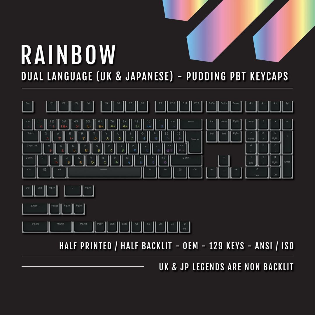 Black Rainbow UK & Japanese Dual Language PBT Pudding Keycaps Krome Keycaps LTD Kanji Pudding