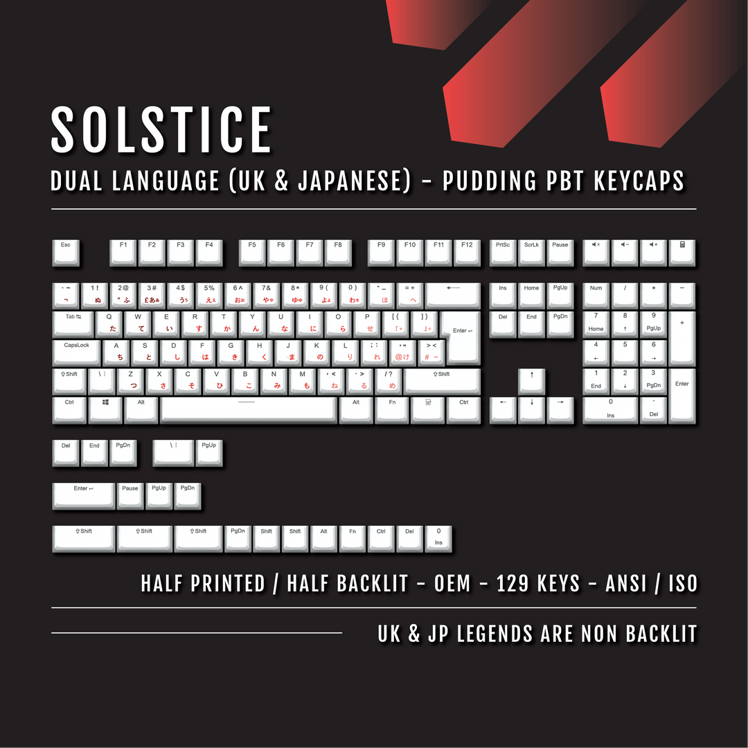 White Solstice UK & Japanese Dual Language PBT Pudding Keycaps Krome Keycaps LTD Kanji Pudding
