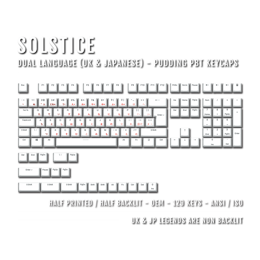 White Solstice UK & Japanese Dual Language PBT Pudding Keycaps Krome Keycaps LTD Kanji Pudding