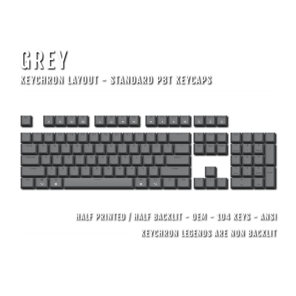 US Grey PBT Keychron (Layout) Keycaps - 100% Size - Dual Language Keycaps - kromekeycaps