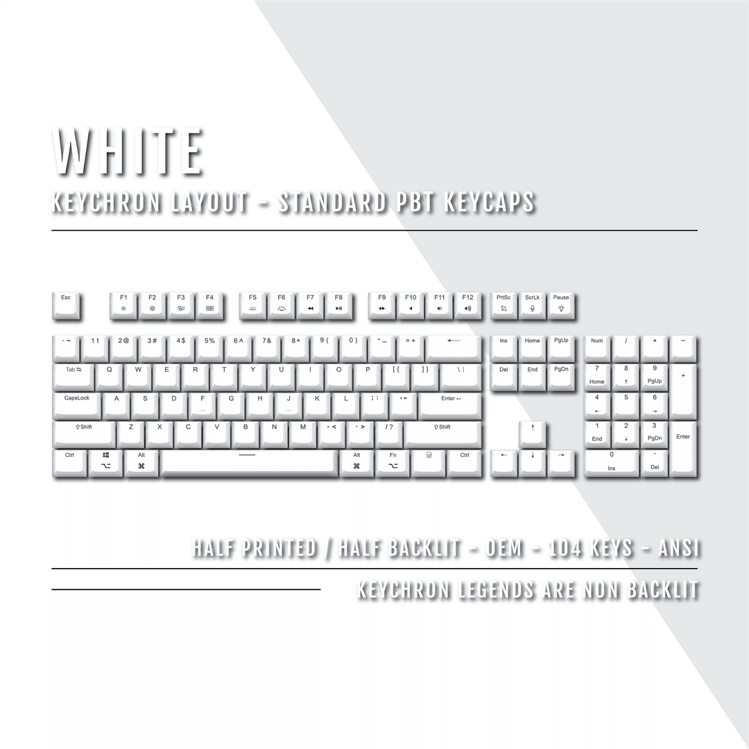 US White PBT Keychron (Layout) Keycaps - 100% Size - Dual Language Keycaps - kromekeycaps