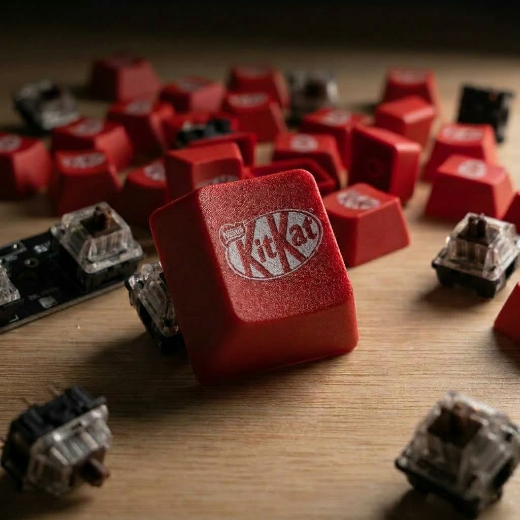 Red KitKat chocolate bar with mechanical keyboard keycaps on a wooden surface