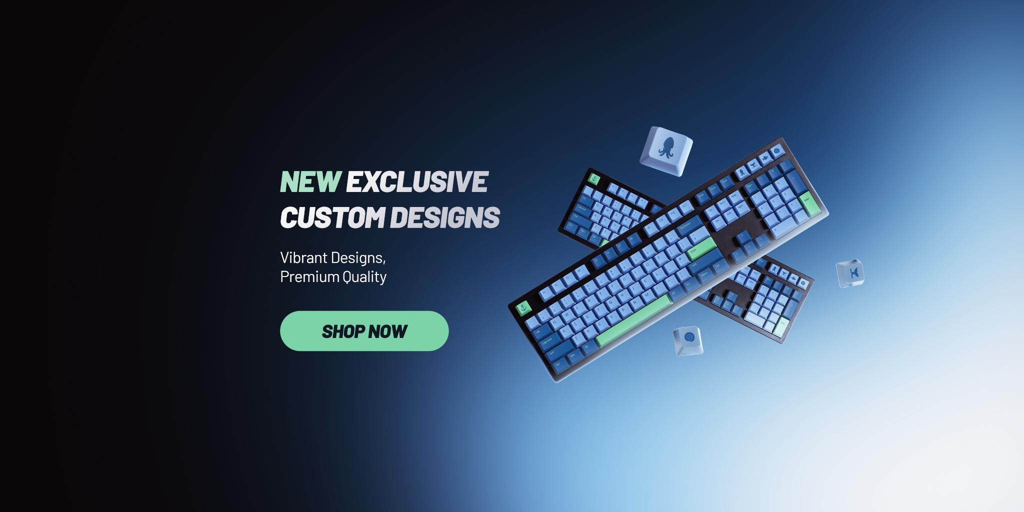 Promotional image of customizable keyboards with text on a gradient background