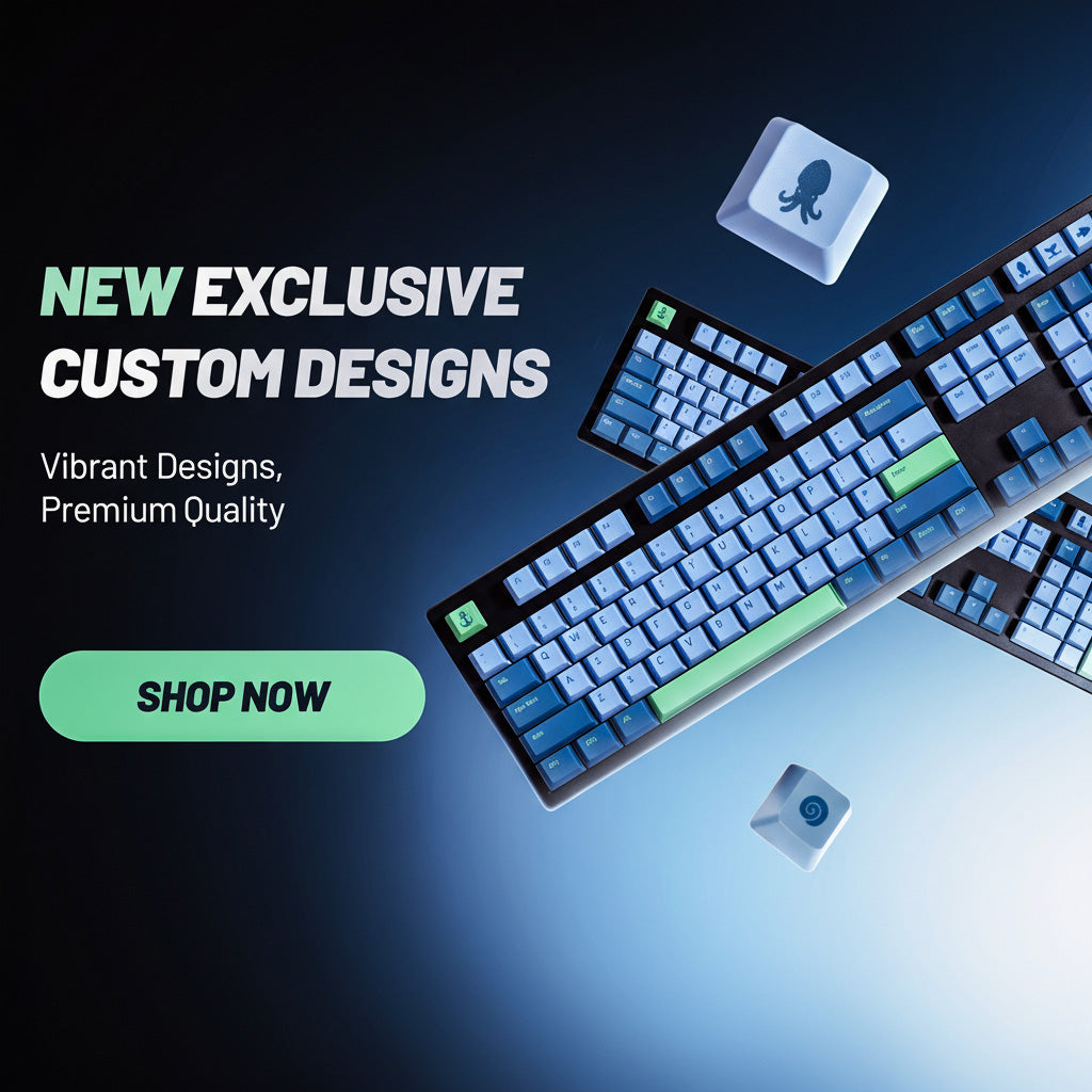 Keyboard with custom keycaps on a dark background, featuring promotional text and a 'Shop Now' button.