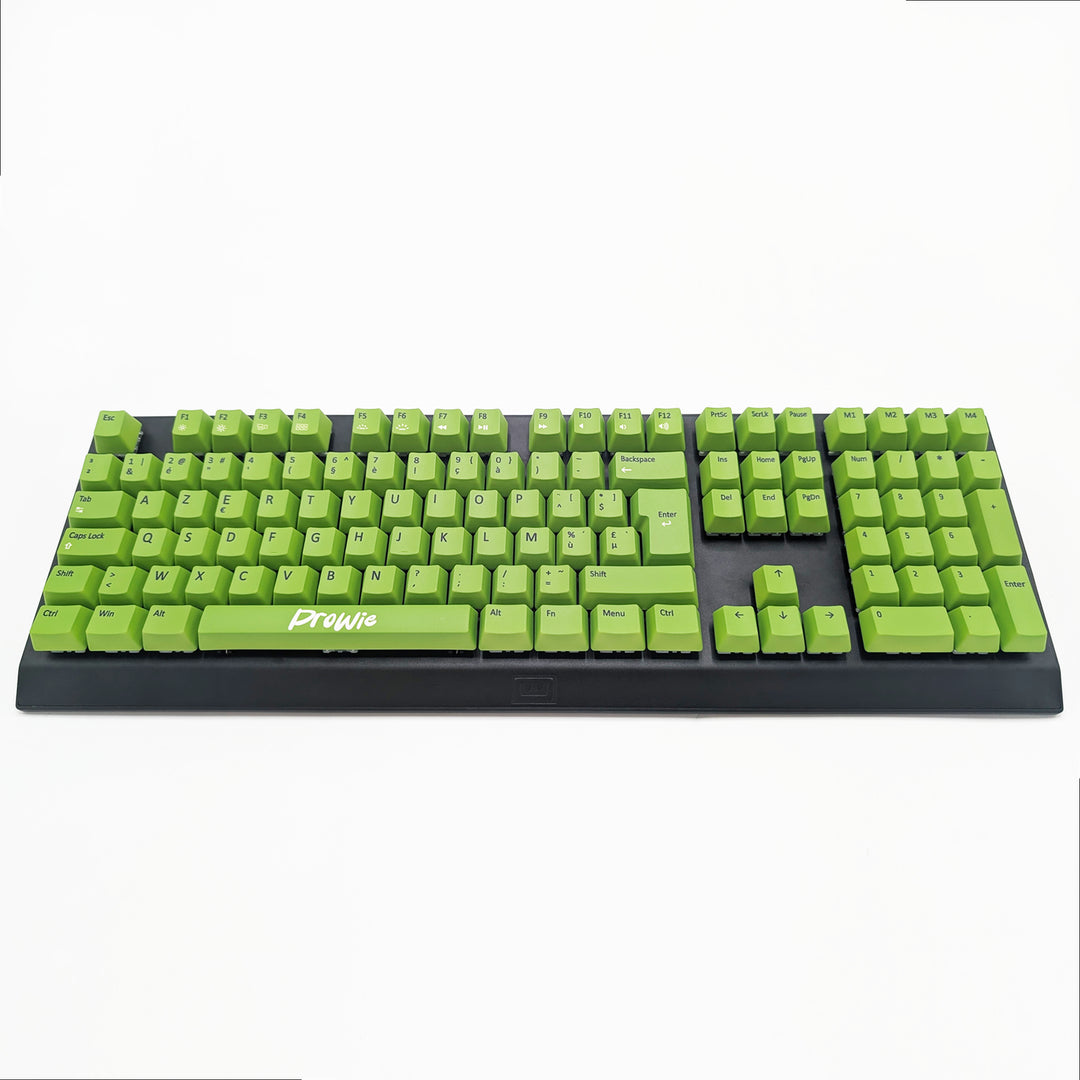 Customisable light green non-backlit AZERTY PBT keycaps with black legends on a mechanical keyboard, featuring OEM profile keys.