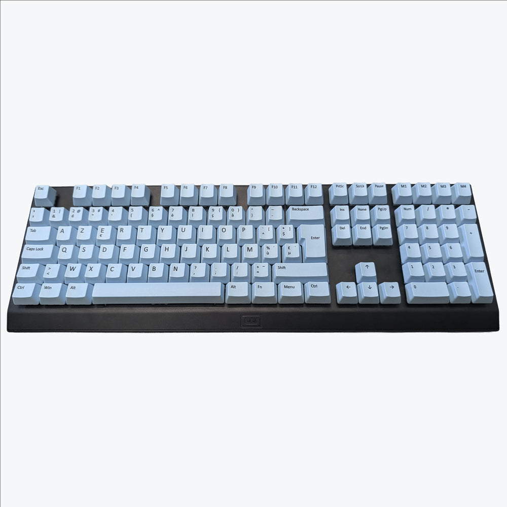 Customisable light blue non-backlit AZERTY PBT keycaps with black legends on a mechanical keyboard, featuring OEM profile keys.
