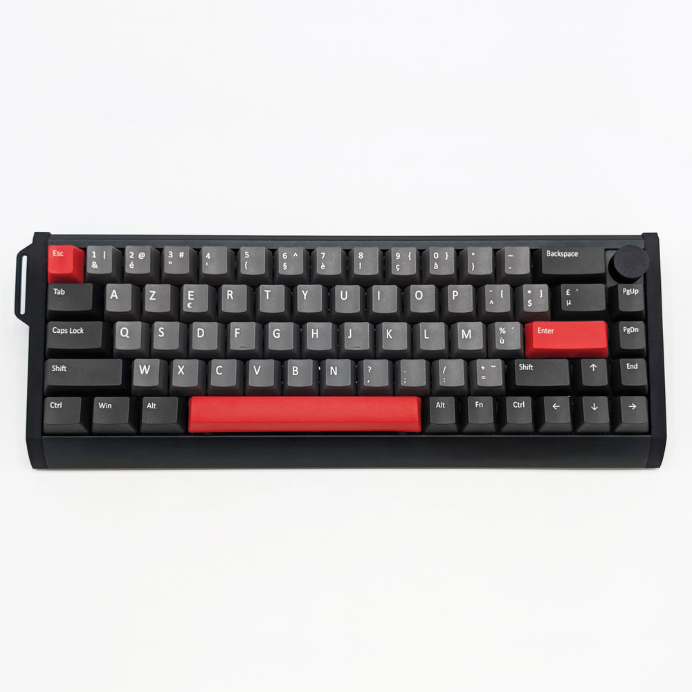 LOST IN SPACE AZERTY PBT keycaps on a mechanical keyboard, featuring OEM profile keys with Grey, Charcoal and Red Keycaps