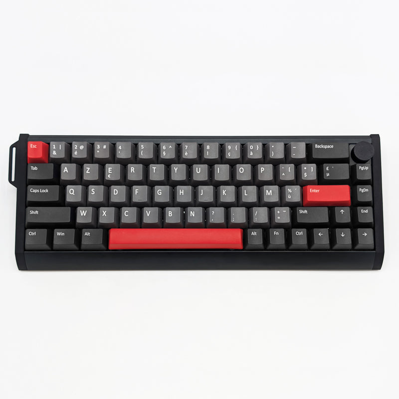 LOST IN SPACE AZERTY PBT keycaps on a mechanical keyboard, featuring OEM profile keys with Grey, Charcoal and Red Keycaps