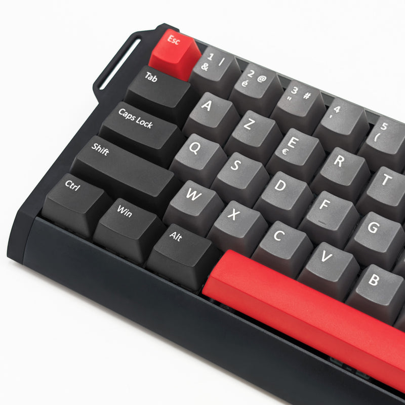 Side shot of LOST IN SPACE AZERTY PBT keycaps on a mechanical keyboard, featuring OEM profile keys with Grey, Charcoal and Red Keycaps