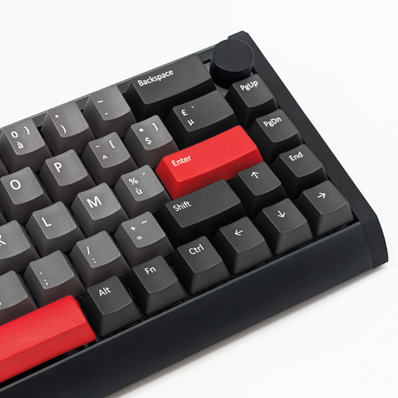 Side shot of LOST IN SPACE AZERTY PBT keycaps on a mechanical keyboard, featuring OEM profile keys with Grey, Charcoal and Red Keycaps