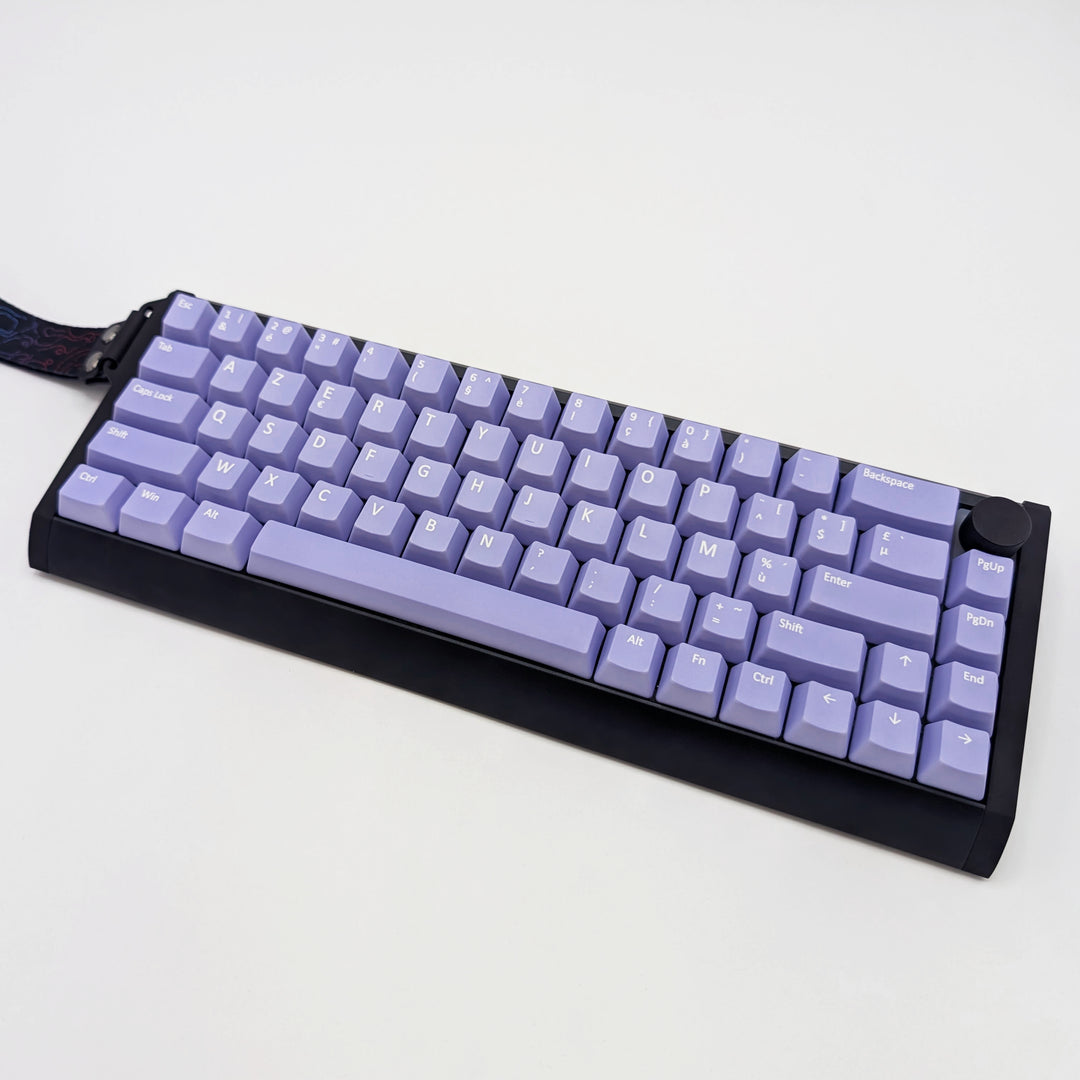Light Purple OEM profile AZERTY PBT keycaps installed on a mechanical keyboard, showing non-backlit keys with dye-sublimated white legends.