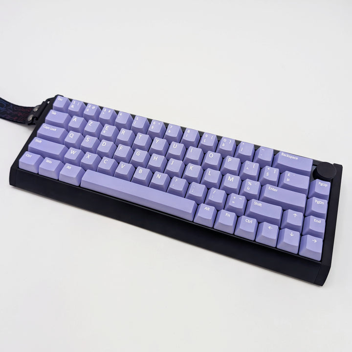 Light Purple OEM profile AZERTY PBT keycaps installed on a mechanical keyboard, showing non-backlit keys with dye-sublimated white legends.