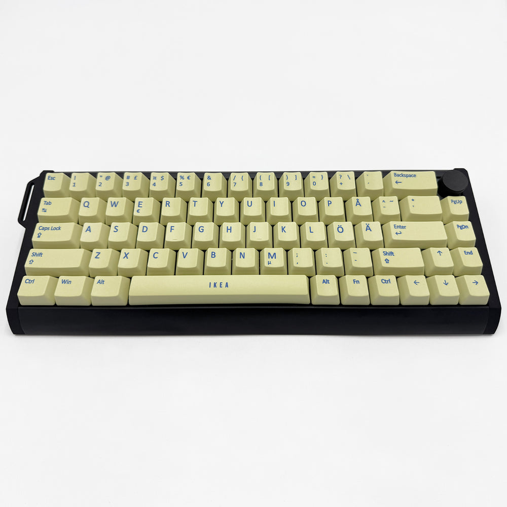Customisable Light Yellow non-backlit QWERTY PBT keycaps with blue legends on a mechanical keyboard, featuring OEM profile keys.