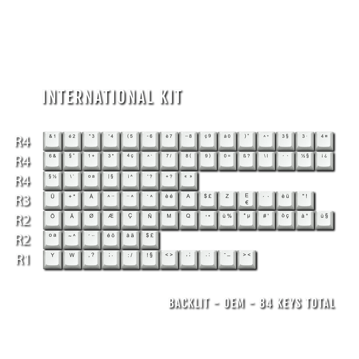 Light Grey International ABS Keycap Conversion Kit Krome Keycaps LTD danish, french, german, italian, norwegian, portuguese, spanish, swedish, swiss
