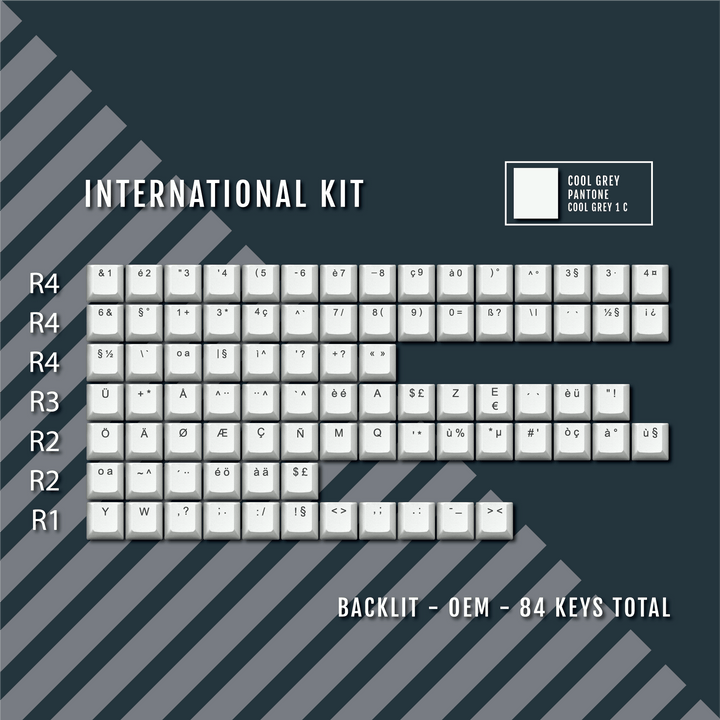 Light Grey International ABS Keycap Conversion Kit Krome Keycaps LTD danish, french, german, italian, norwegian, portuguese, spanish, swedish, swiss