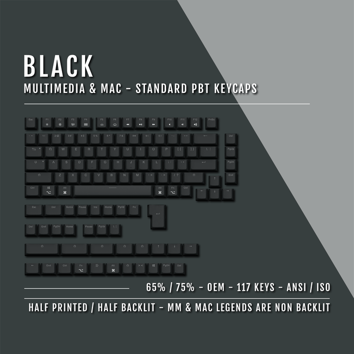Black Mac & Multimedia Dual Language PBT Keycaps - 65/75% Krome Keycaps LTD mac & multimedia