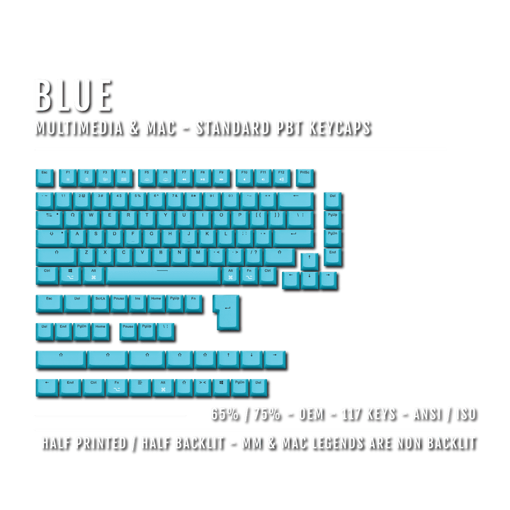 Blue Mac & Multimedia Dual Language PBT Keycaps - 65/75% Krome Keycaps LTD mac & multimedia