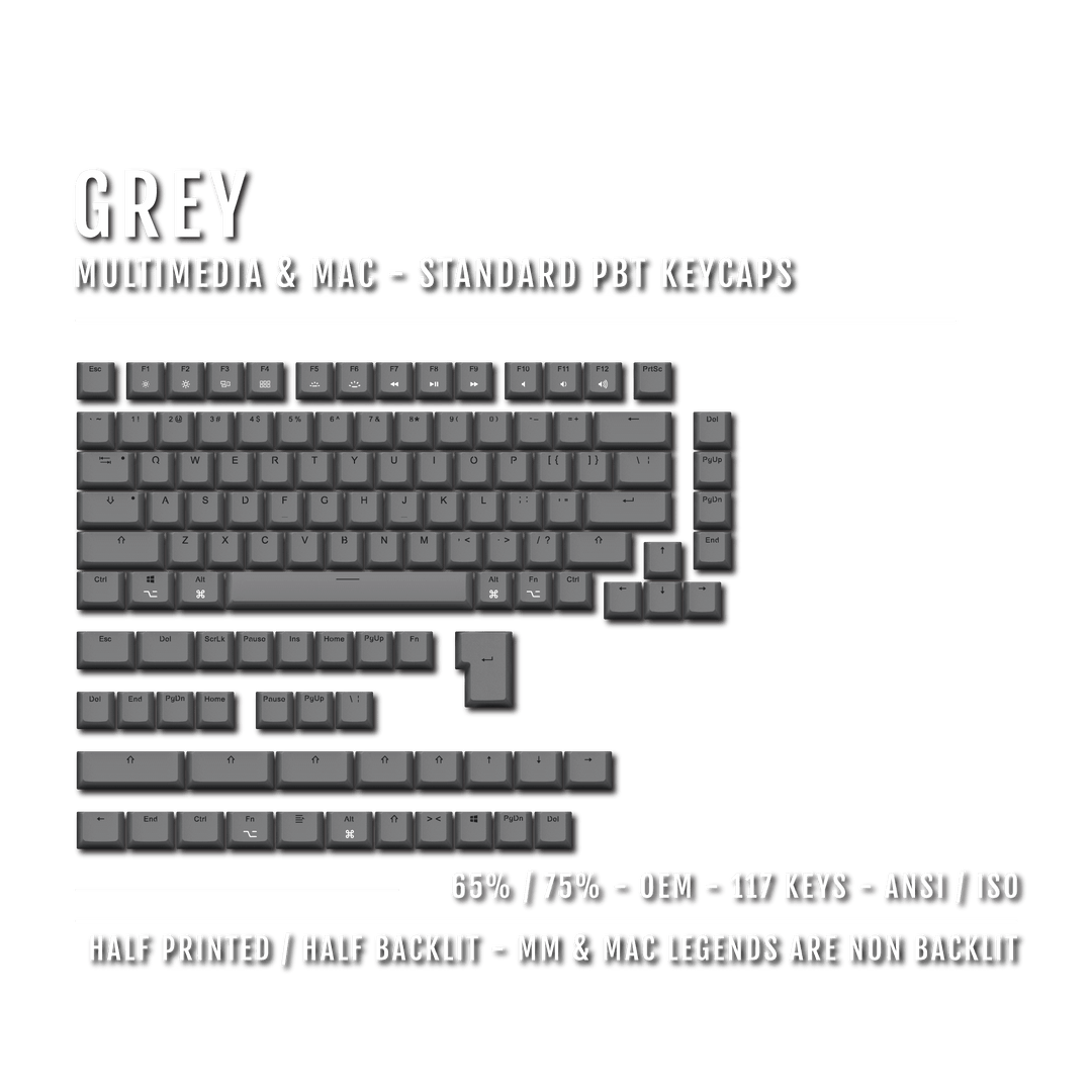 Grey Mac & Multimedia Dual Language PBT Keycaps - 65/75% Krome Keycaps LTD mac & multimedia