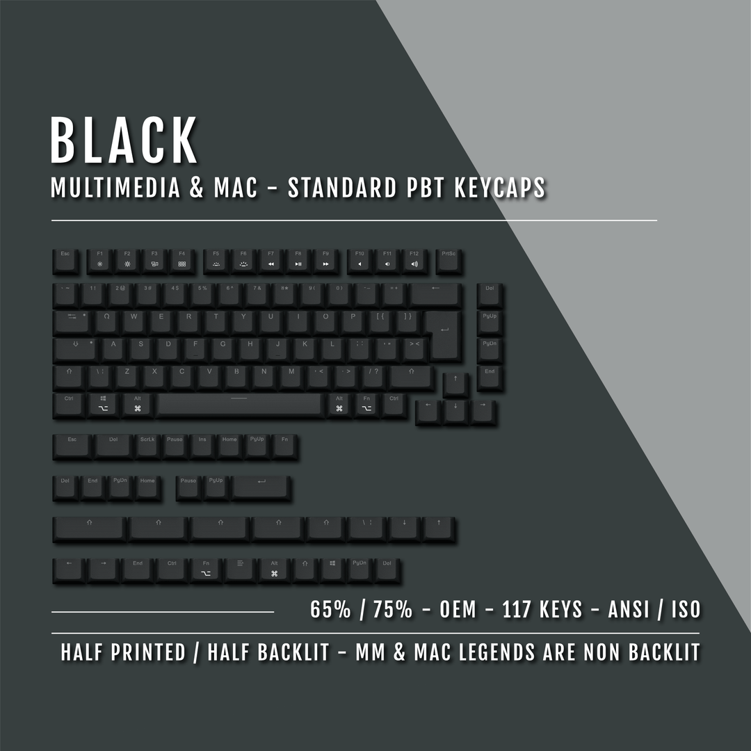 Black Mac & Multimedia Dual Language PBT Keycaps - 65/75% Krome Keycaps LTD mac & multimedia