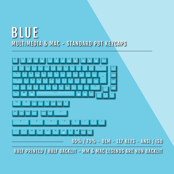 Blue Mac & Multimedia Dual Language PBT Keycaps - 65/75% Krome Keycaps LTD mac & multimedia