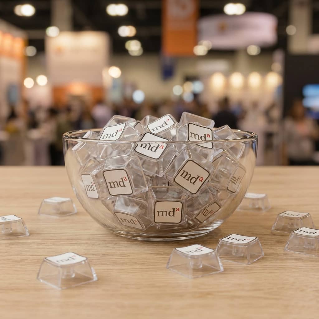 Clear plastic feet with 'mda' logo in a glass bowl on a blurred indoor event background