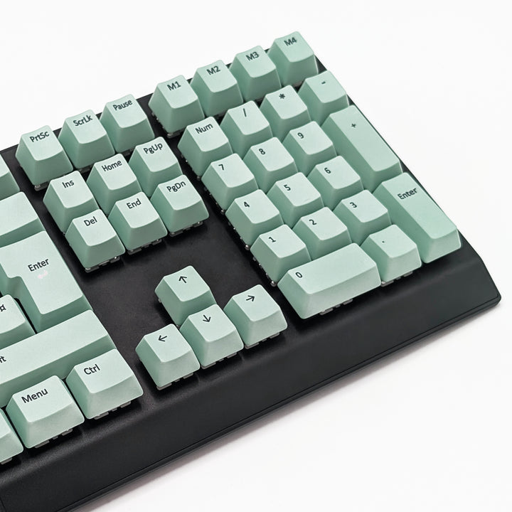 Mechanical keyboard fitted with customisable Mint QWERTZ PBT keycaps, non-backlit ISO-compatible OEM profile with black legends and matte finish.
