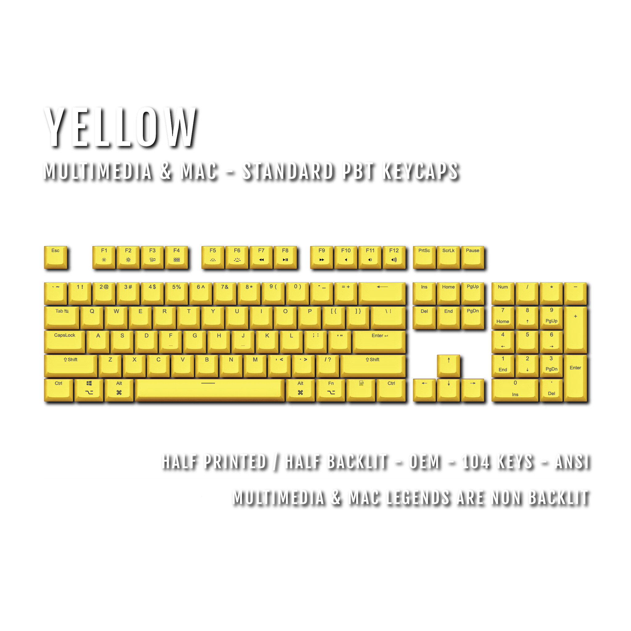 US Yellow PBT Mac & Multimedia Keycaps - 100% Size - Dual Language Key ...