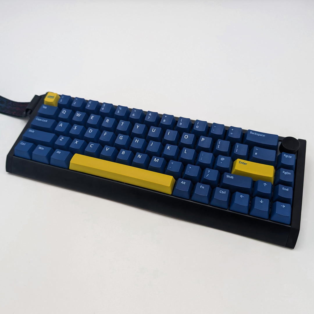 Customisable Navy non-backlit QWERTY PBT keycaps with white legends on a mechanical keyboard, featuring ANSI OEM profile keys with matte finish.