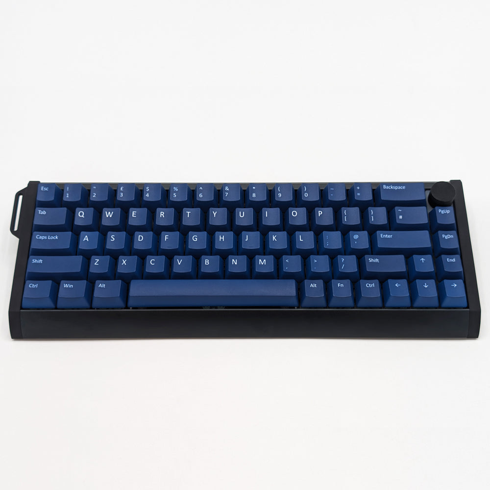 Customisable Navy non-backlit QWERTY PBT keycaps with white legends on a mechanical keyboard, featuring ANSI OEM profile keys with matte finish.